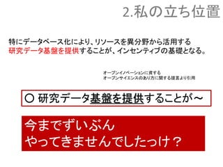 特にデータベース化により、リソースを異分野から活用する
研究データ基盤を提供することが、インセンティブの基礎となる。
○ 研究データ基盤を提供することが～
今までずいぶん
やってきませんでしたっけ？
2.私の立ち位置
オープンイノベーションに資する
オープンサイエンスのあり方に関する提言より引用
 