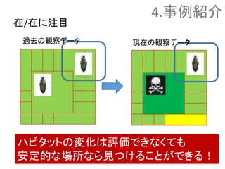 在/在に注目
ハビタットの変化は評価できなくても
安定的な場所なら見つけることができる！
過去の観察データ 現在の観察データ
4.事例紹介
 