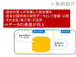 4.事例紹介
・過去の賢人が収集した昆虫標本
・昆虫分類学者が研究データとして整備・公開
・それを私（第三者）が活用
⇒データの価値が向上
昆虫分類学の
データです
昆虫分類学
保全科学で
使いました
保全科学昆虫分類学
 