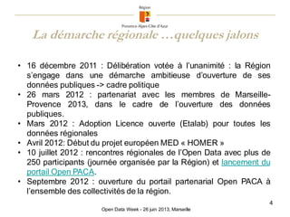 La démarche régionale …quelques jalons
Open Data Week - 26 juin 2013, Marseille
• 16 décembre 2011 : Délibération votée à ...