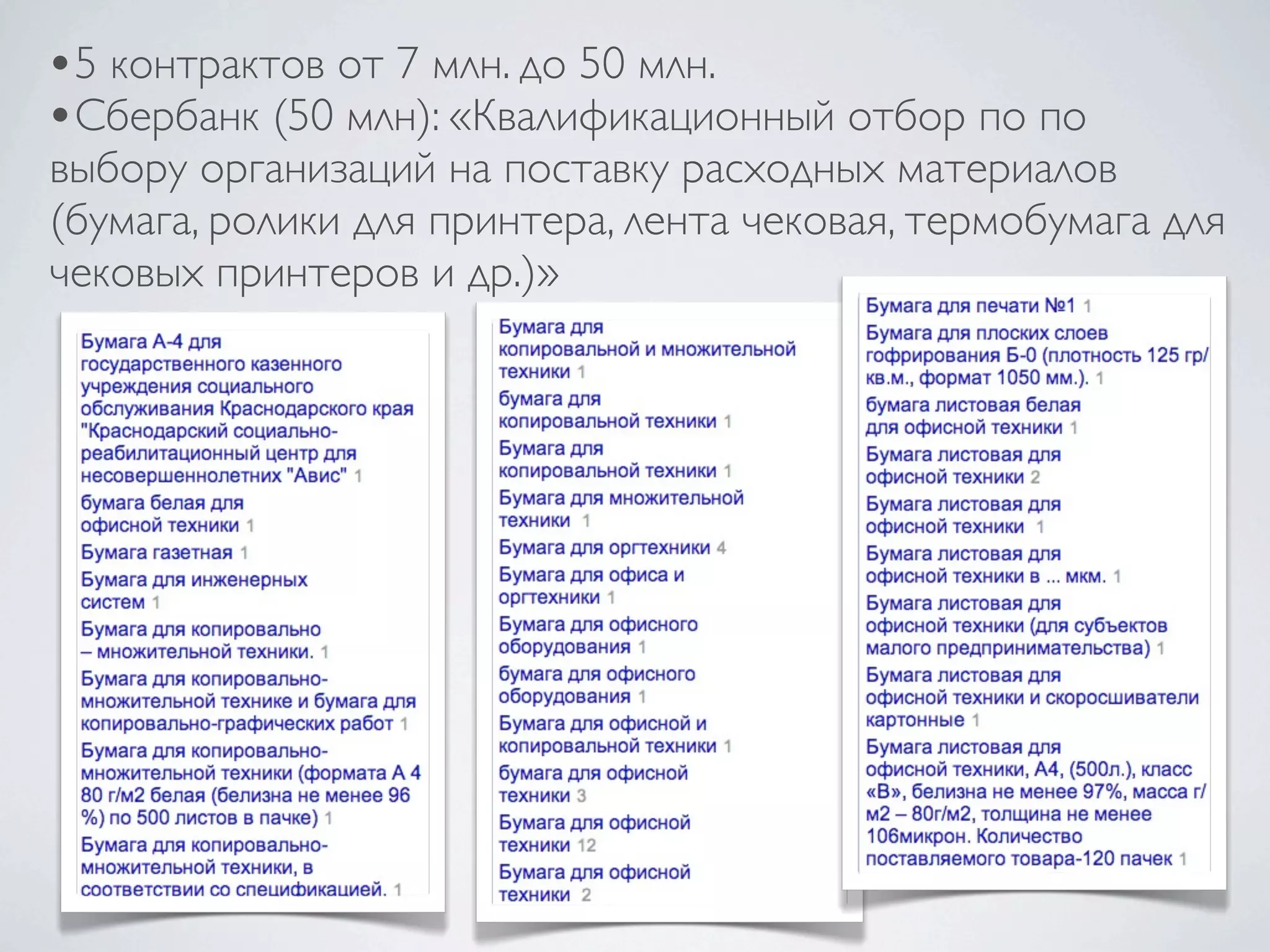 •5 контрактов от 7 млн. до 50 млн.
•Сбербанк (50 млн): «Квалификационный отбор по по
выбору организаций на поставку расходных материалов
(бумага, ролики для принтера, лента чековая, термобумага для
чековых принтеров и др.)»
 
