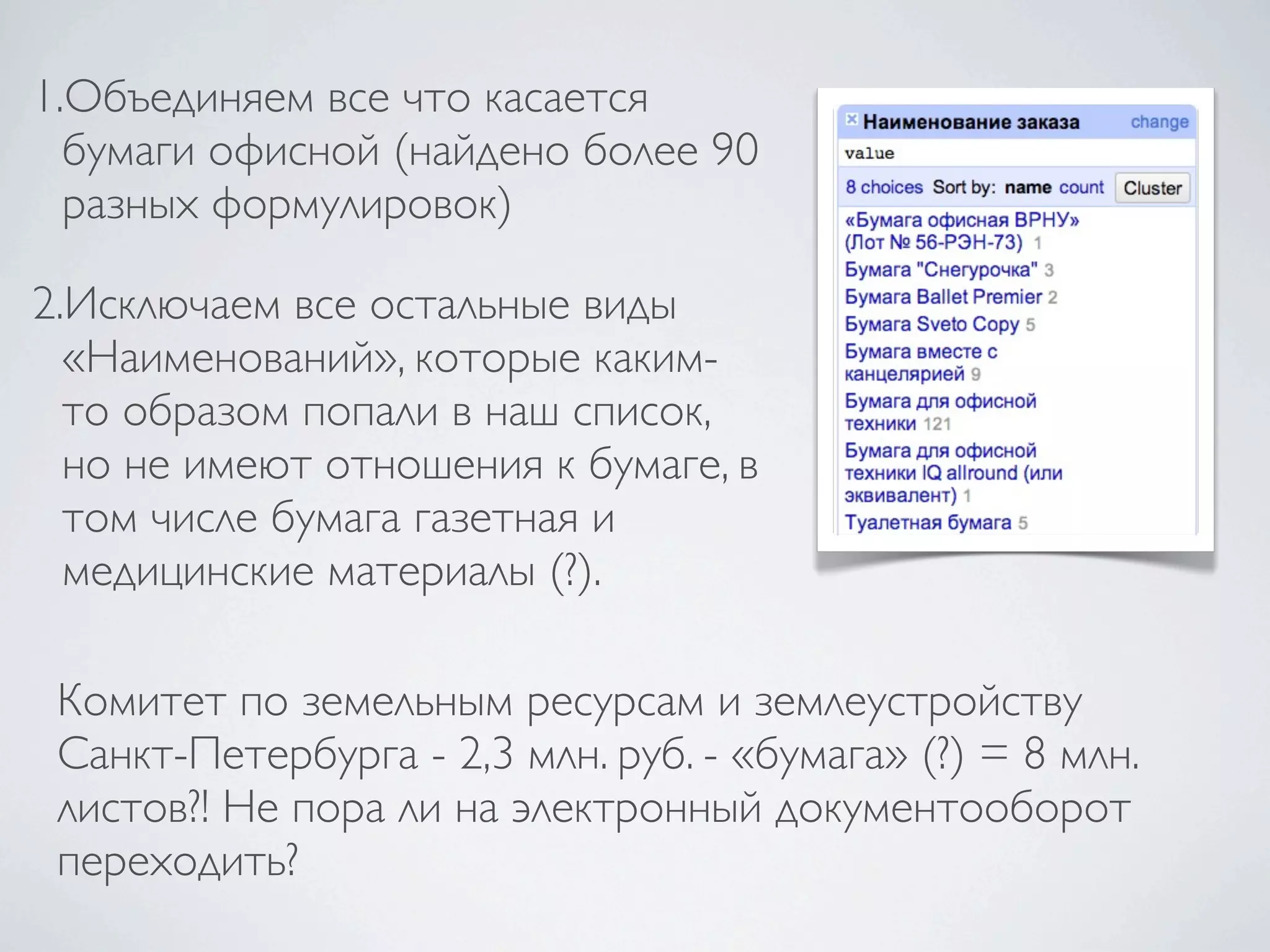 1.Объединяем все что касается
бумаги офисной (найдено более 90
разных формулировок)
2.Исключаем все остальные виды
«Наименований», которые каким-
то образом попали в наш список,
но не имеют отношения к бумаге, в
том числе бумага газетная и
медицинские материалы (?).
Комитет по земельным ресурсам и землеустройству
Санкт-Петербурга - 2,3 млн. руб. - «бумага» (?) = 8 млн.
листов?! Не пора ли на электронный документооборот
переходить?
 