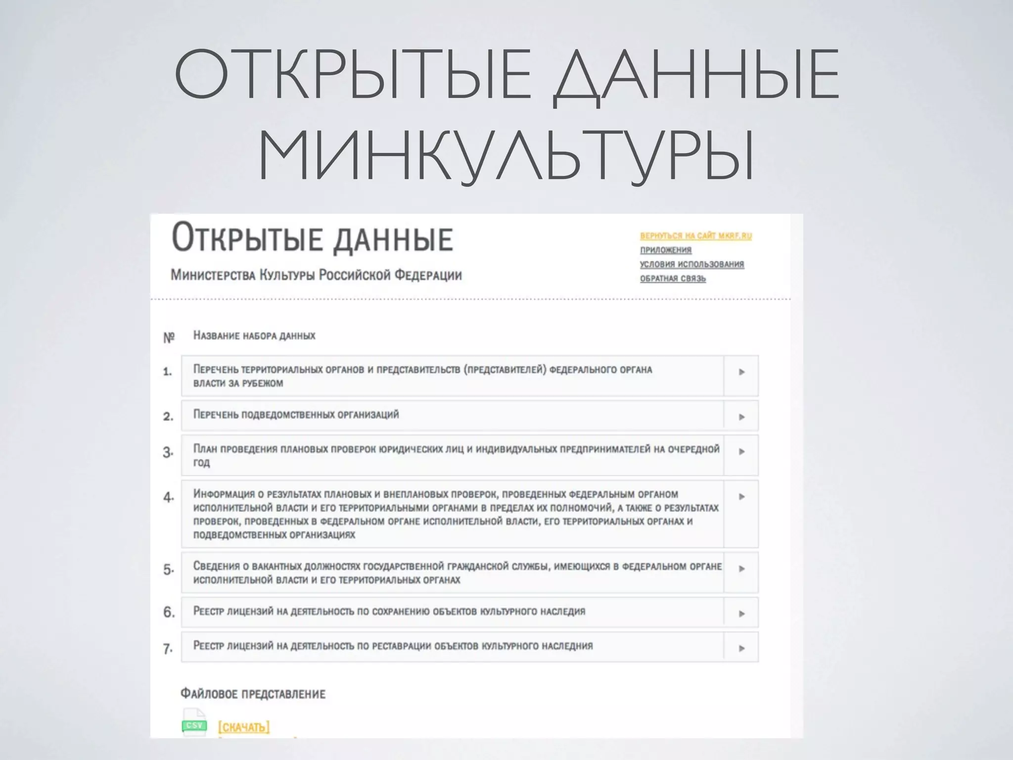 ОТКРЫТЫЕ ДАННЫЕ
МИНКУЛЬТУРЫ
 