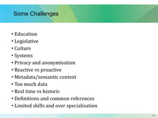 2121
Some Challenges
• Education
• Legislative
• Culture
• Systems
• Privacy and anonymisation
• Reactive vs proactive
• Metadata/semantic context
• Too much data
• Real time vs historic
• Definitions and common references
• Limited skills and over specialisation
 