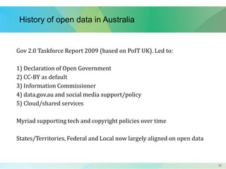 1111
History of open data in Australia
Gov 2.0 Taskforce Report 2009 (based on PoIT UK). Led to:
1) Declaration of Open Government
2) CC-BY as default
3) Information Commissioner
4) data.gov.au and social media support/policy
5) Cloud/shared services
Myriad supporting tech and copyright policies over time
States/Territories, Federal and Local now largely aligned on open data
 