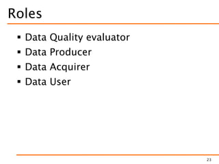 Roles
 Data Quality evaluator
 Data Producer
 Data Acquirer
 Data User
23
 
