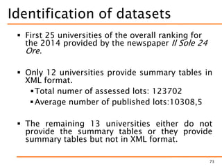 Identification of datasets
 First 25 universities of the overall ranking for
the 2014 provided by the newspaper Il Sole 24
Ore.
 Only 12 universities provide summary tables in
XML format.
Total numer of assessed lots: 123702
Average number of published lots:10308,5
 The remaining 13 universities either do not
provide the summary tables or they provide
summary tables but not in XML format.
73
 