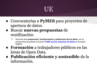 UE
● Convocatorias a PyMES para proyectos de
apertura de datos.
● Buscar nuevas propuestas de
reutilización:
○ Servicios para preparación, transformación y publicación de los datos, con el
compromiso de publicar al menos 15.000 nuevos conjuntos de datos en formatos
legibles.
● Formación a trabajadores públicos en las
áreas de Open Data.
● Publicación eficiente y sostenible de la
información.
 
