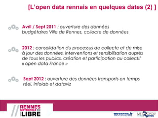 Avril / Sept 2011 : ouverture des données
budgétaires Ville de Rennes, collecte de données
[L’open data rennais en quelques dates (2) ]
2012 : consolidation du processus de collecte et de mise
à jour des données, interventions et sensibilisation auprès
de tous les publics, création et participation au collectif
« open data France »
Rencontre SI La Poste Paris, le 12 octobre 2012
Sept 2012 : ouverture des données transports en temps
réel, infolab et dataviz
 