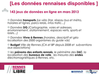 [Les données rennaises disponibles ]
Données transports (Le vélo Star, réseau bus et métro,
horaires et lignes, parcs relais, infos trafic…)
Données SIG (Cartographie, voies et adresses,
environnement, stationnement, espaces verts, sports et
loisirs…)
Données Vivre à Rennes (horaires, descriptif et géo
localisation des 2000 organismes du guide vàr)
Budget Ville de Rennes (CA et BP depuis 2008 et subventions
aux associations)
les prénoms des enfants rennais, le périmètre des ZAC, la
localisation des bureaux de vote, les mesures des ondes
électromagnétiques à Rennes, etc.
143 jeux de données en ligne en mars 2013
 