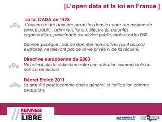 [L’open data et la loi en France ]
La loi CADA de 1978
L’ouverture des données produites dans le cadre des missions de
service public : administrations, collectivités, autorités
organisatrices, participants au service public, mais aussi les DSP
Donnée publique : pas de données nominatives (sauf accord
explicite), ne relevant pas de la vie privée ni de la sécurité.
Directive européenne de 2003
Ne retient plus la distinction entre une utilisation commerciale ou
non commerciale
Décret Etalab 2011
La gratuité posée comme cadre général, la tarification comme
exception.
 
