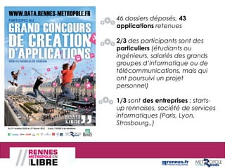 46 dossiers déposés, 43
applications retenues
2/3 des participants sont des
particuliers (étudiants ou
ingénieurs, salariés des grands
groupes d’informatique ou de
télécommunications, mais qui
ont poursuivi un projet
personnel)
1/3 sont des entreprises : starts-
up rennaises, société de services
informatiques (Paris, Lyon,
Strasbourg..)
 