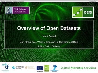 Digital Enterprise Research Institute                                                                                    www.deri.ie




                                 Overview of Open Datasets
                                                                                Fadi Maali
                                      Irish Open Data Week - Opening up Government Data
                                                                              8 Nov 2011, Galway




 Copyright 2011 Digital Enterprise Research Institute. All rights reserved.




                                                                                                   Enabling Networked Knowledge
 