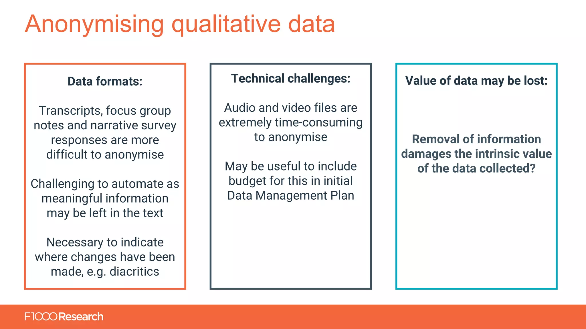 Information Classification: General
Anonymising qualitative data
Data formats:
Transcripts, focus group
notes and narrative survey
responses are more
difficult to anonymise
Challenging to automate as
meaningful information
may be left in the text
Necessary to indicate
where changes have been
made, e.g. diacritics
Technical challenges:
Audio and video files are
extremely time-consuming
to anonymise
May be useful to include
budget for this in initial
Data Management Plan
Value of data may be lost:
Removal of information
damages the intrinsic value
of the data collected?
 