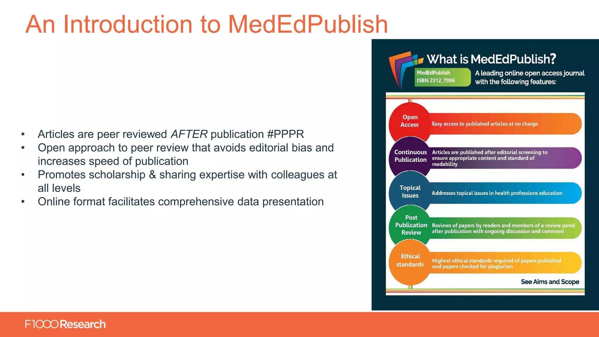 Information Classification: General
An Introduction to MedEdPublish
• Articles are peer reviewed AFTER publication #PPPR
• Open approach to peer review that avoids editorial bias and
increases speed of publication
• Promotes scholarship & sharing expertise with colleagues at
all levels
• Online format facilitates comprehensive data presentation
 