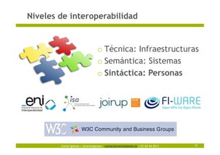Carlos Iglesias | @carlosiglesias – contact@carlosiglesias.es | CC-BY-SA 2013
Niveles de interoperabilidad
17
o Técnica: Infraestructuras
o Semántica: Sistemas
o Sintáctica: Personas
 