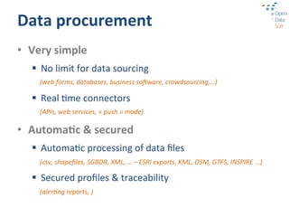 Data	
  procurement	
  
•  Very	
  simple	
  
    §  No	
  limit	
  for	
  data	
  sourcing	
  
       (web	
  forms,	
  databases,	
  business	
  soRware,	
  crowdsourcing,…)	
  

    §  Real	
  ?me	
  connectors	
  
       (APIs,	
  web	
  services,	
  «	
  push	
  »	
  mode)	
  

•  Automa3c	
  &	
  secured	
  
    §  Automa?c	
  processing	
  of	
  data	
  ﬁles	
  
       (csv,	
  shapeﬁles,	
  SGBDR,	
  XML,	
  …	
  –	
  ESRI	
  exports,	
  KML,	
  OSM,	
  GTFS,	
  INSPIRE	
  ...)	
  

    §  Secured	
  proﬁles	
  &	
  traceability	
  
       (aler9ng	
  reports,	
  )	
  
 