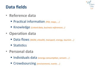 Data	
  ﬁelds	
  
•  Reference	
  data	
  
   §  Prac?cal	
  informa?on	
  (POI,	
  maps,	
  …)	
  
   §  Knowledge	
  (Linked	
  data,	
  business	
  references…)	
  
•  Opera3on	
  data	
  
   §  Data	
  ﬂows	
  (M2M,	
  eHealth,	
  transport,	
  energy,	
  tourism	
  …)	
  
   §  Sta?s?cs	
  
•  Personal	
  data	
  
   §  Individuals	
  data	
  (energy	
  consump9on,	
  sensors	
  …)	
  
   §  Crowdsourcing	
  (environment,	
  events	
  …)	
  
 