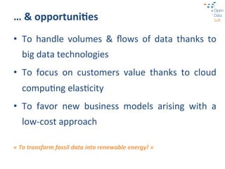 …	
  &	
  opportuni3es	
  
•  To	
   handle	
   volumes	
   &	
   ﬂows	
   of	
   data	
   thanks	
   to	
  
       big	
  data	
  technologies	
  
•  To	
   focus	
   on	
   customers	
   value	
   thanks	
   to	
   cloud	
  
       compu?ng	
  elas?city	
  
•  To	
   favor	
   new	
   business	
   models	
   arising	
   with	
   a	
  
       low-­‐cost	
  approach	
  
	
  
«	
  To	
  transform	
  fossil	
  data	
  into	
  renewable	
  energy!	
  »	
  
 