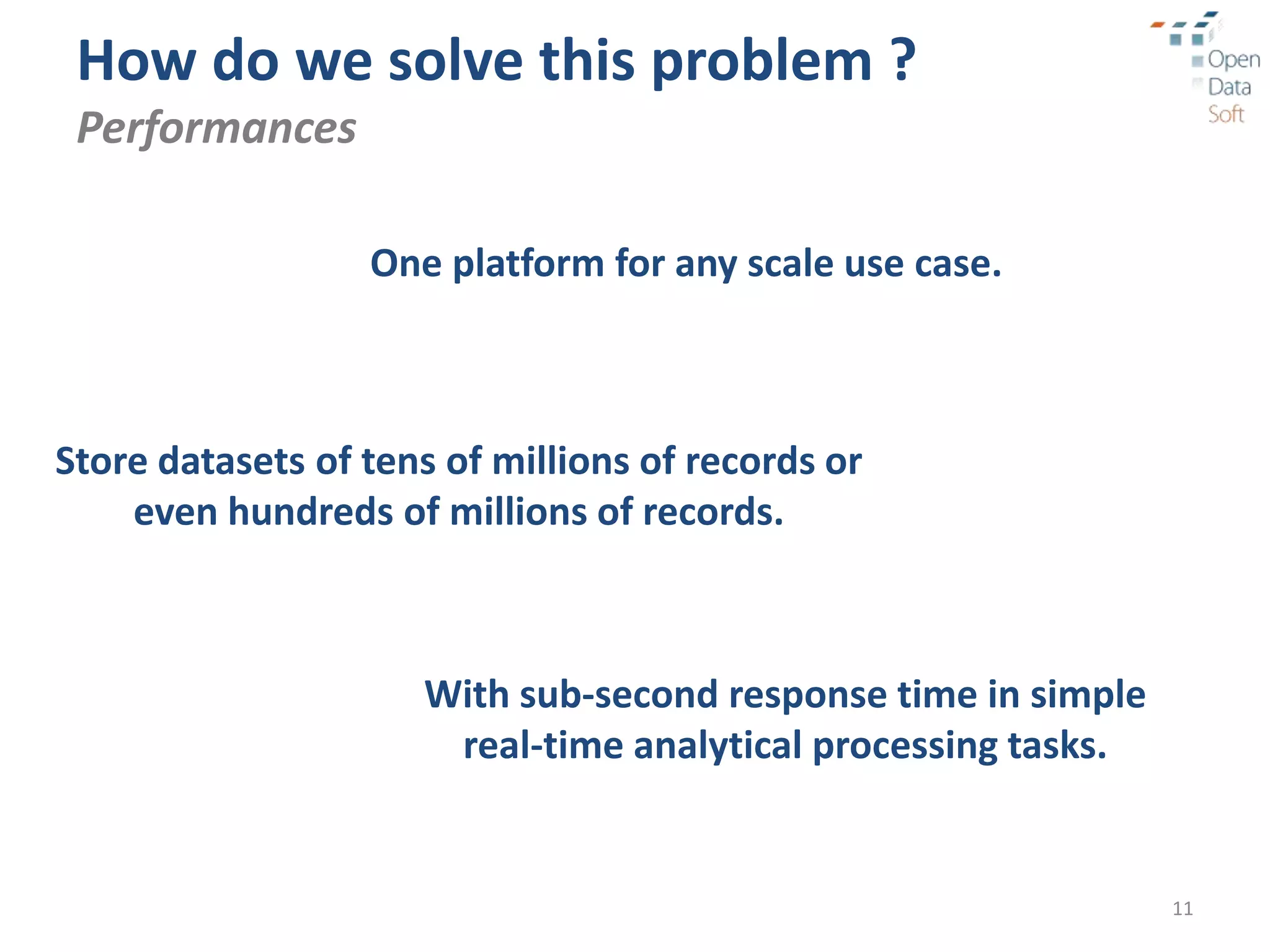 How do we solve this problem ?
 Performances

                  One platform for any scale use case.



Store datasets of tens of millions of records or
    even hundreds of millions of records.



                     With sub-second response time in simple
                      real-time analytical processing tasks.


                                                               11
 