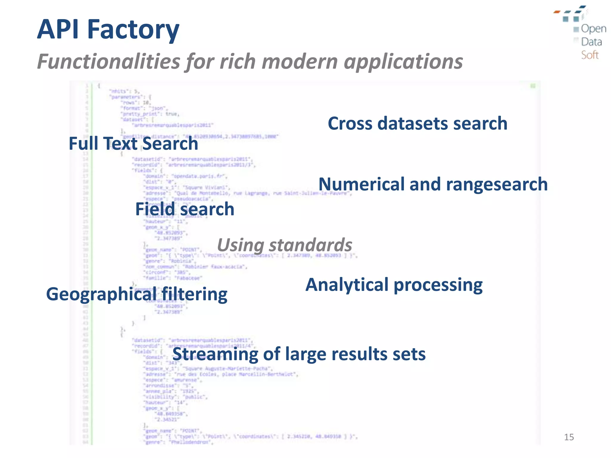 API Factory
Functionalities for rich modern applications

                                  Cross datasets search
   Full Text Search
                                 Numerical and rangesearch
           Field search
                      Using standards

Geographical filtering         Analytical processing


               Streaming of large results sets


                                                             15
 