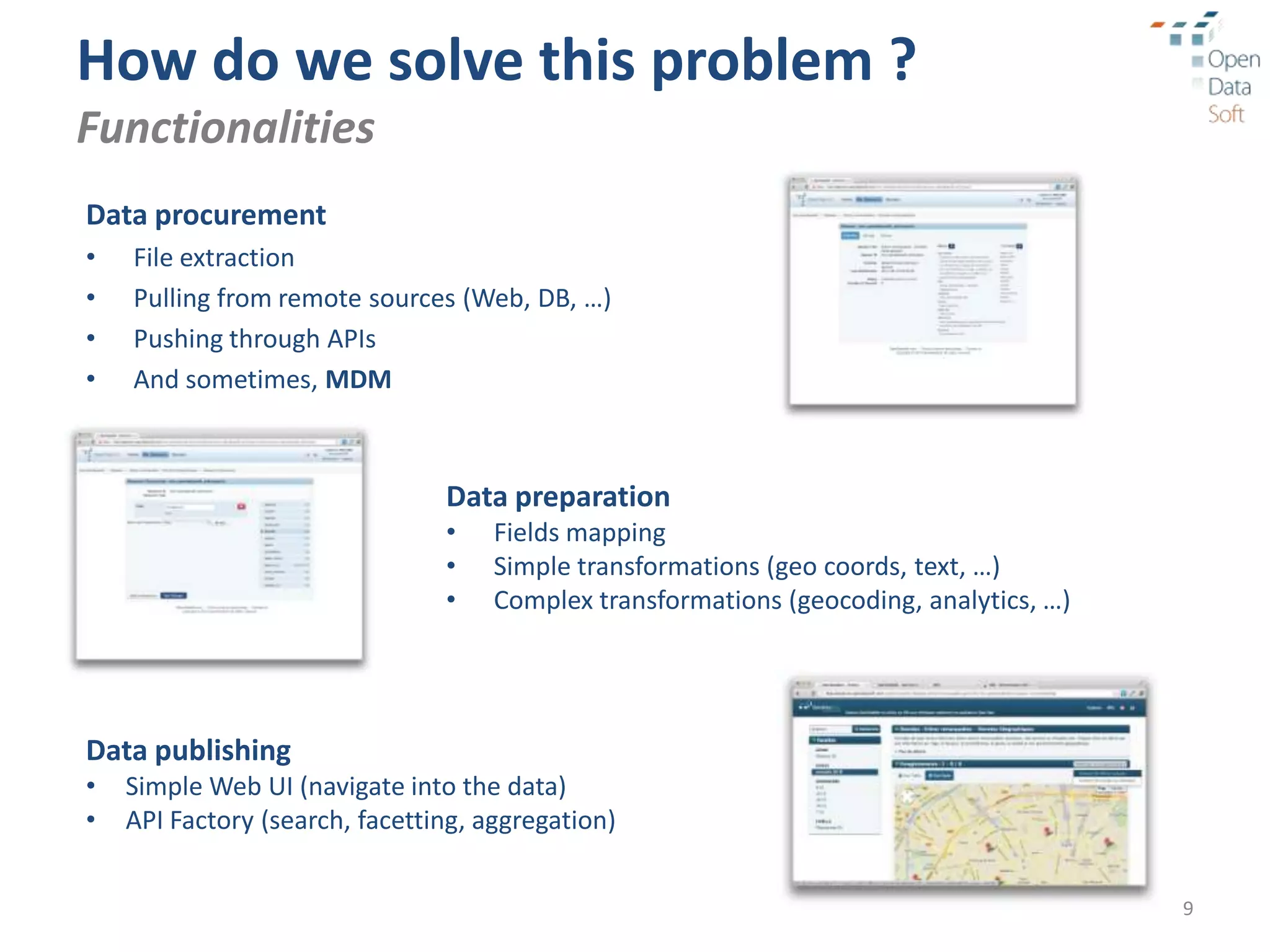 How do we solve this problem ?
Functionalities
Data procurement
•   File extraction
•   Pulling from remote sources (Web, DB, …)
•   Pushing through APIs
•   And sometimes, MDM



                                Data preparation
                                •    Fields mapping
                                •    Simple transformations (geo coords, text, …)
                                •    Complex transformations (geocoding, analytics, …)




Data publishing
•   Simple Web UI (navigate into the data)
•   API Factory (search, facetting, aggregation)


                                                                                         9
 