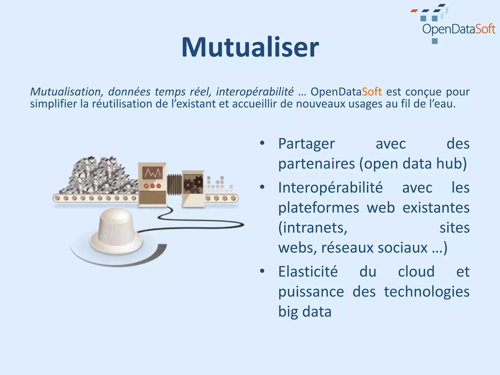 Mutualiser
Mutualisation, données temps réel, interopérabilité … OpenDataSoft est conçue pour
simplifier la réutilisation de l’existant et accueillir de nouveaux usages au fil de l’eau.


                                               • Partager       avec     des
                                                 partenaires (open data hub)
                                               • Interopérabilité avec les
                                                 plateformes web existantes
                                                 (intranets,            sites
                                                 webs, réseaux sociaux …)
                                               • Elasticité du cloud et
                                                 puissance des technologies
                                                 big data
 
