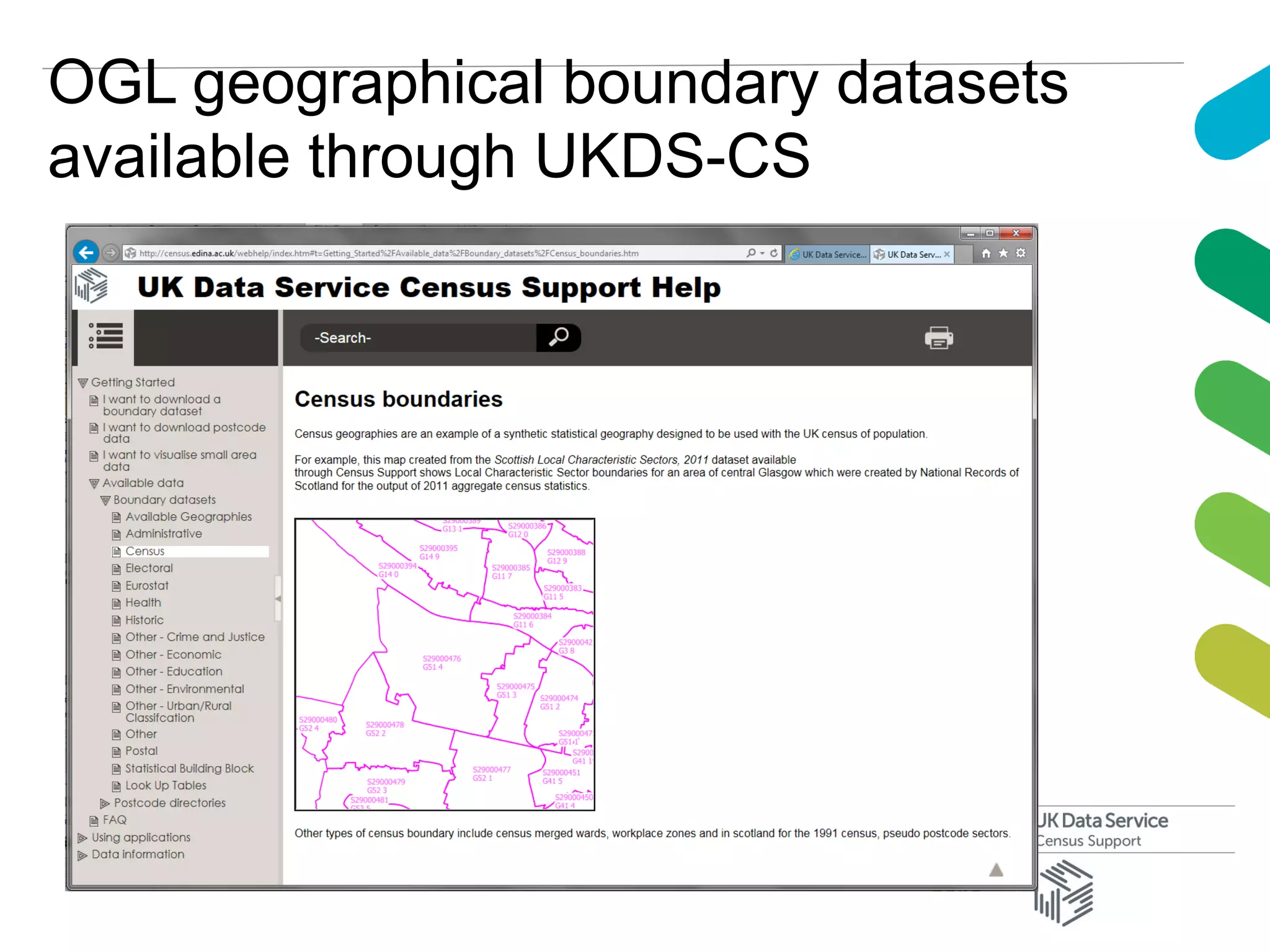 OGL geographical boundary datasets
available through UKDS-CS
 