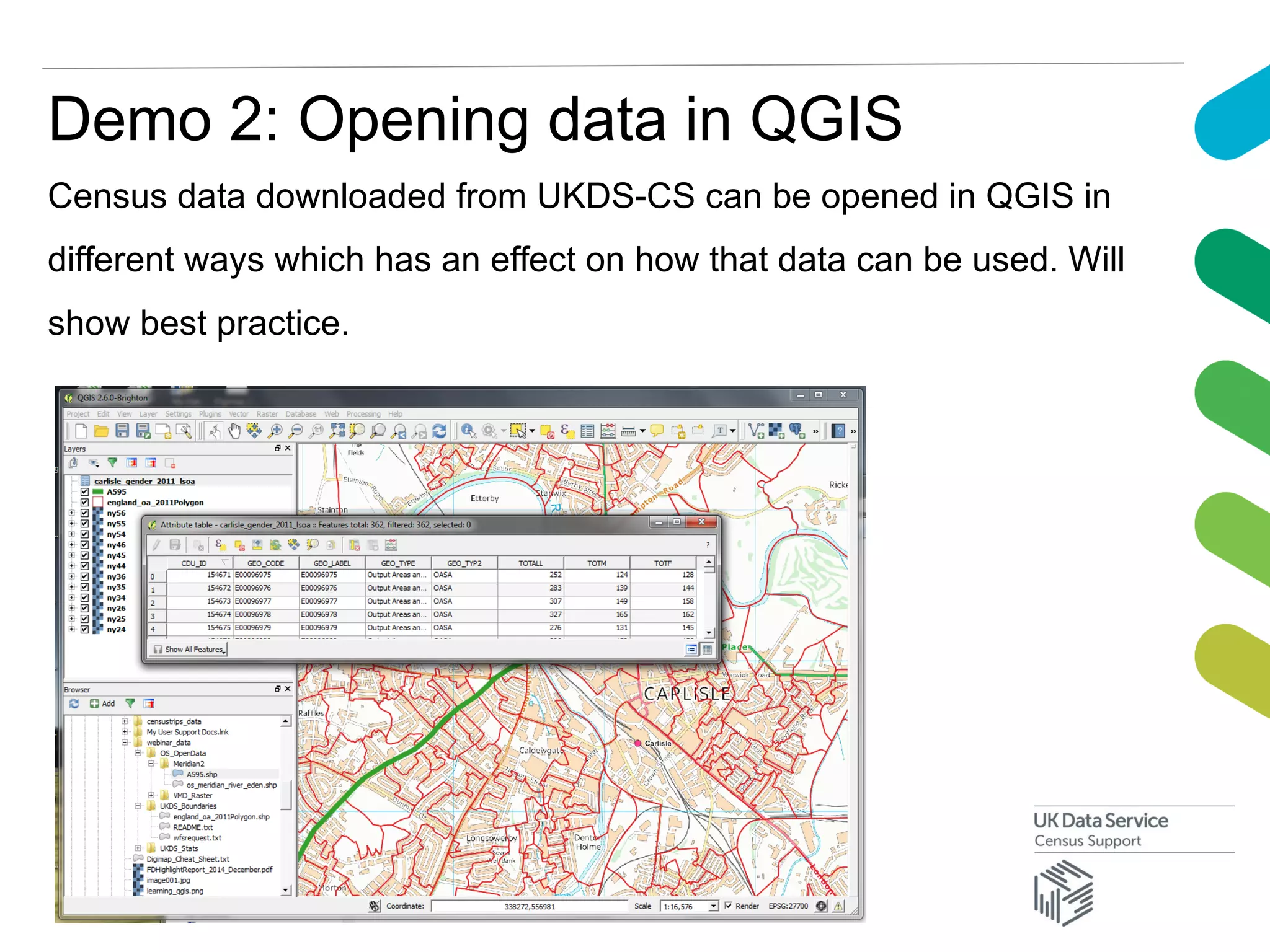Demo 2: Opening data in QGIS
Census data downloaded from UKDS-CS can be opened in QGIS in
different ways which has an effect on how that data can be used. Will
show best practice.
 