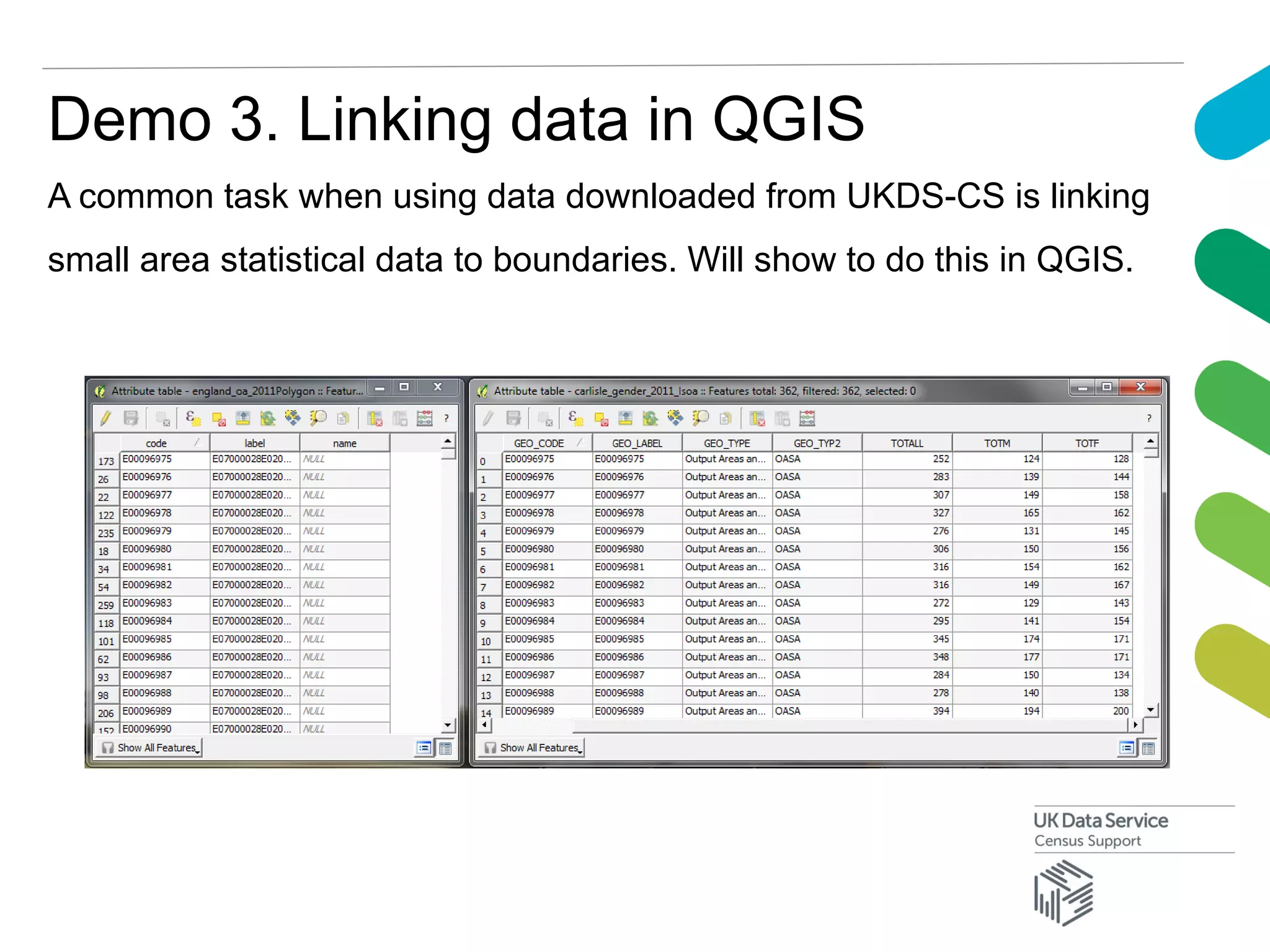 Demo 3. Linking data in QGIS
A common task when using data downloaded from UKDS-CS is linking
small area statistical data to boundaries. Will show to do this in QGIS.
 