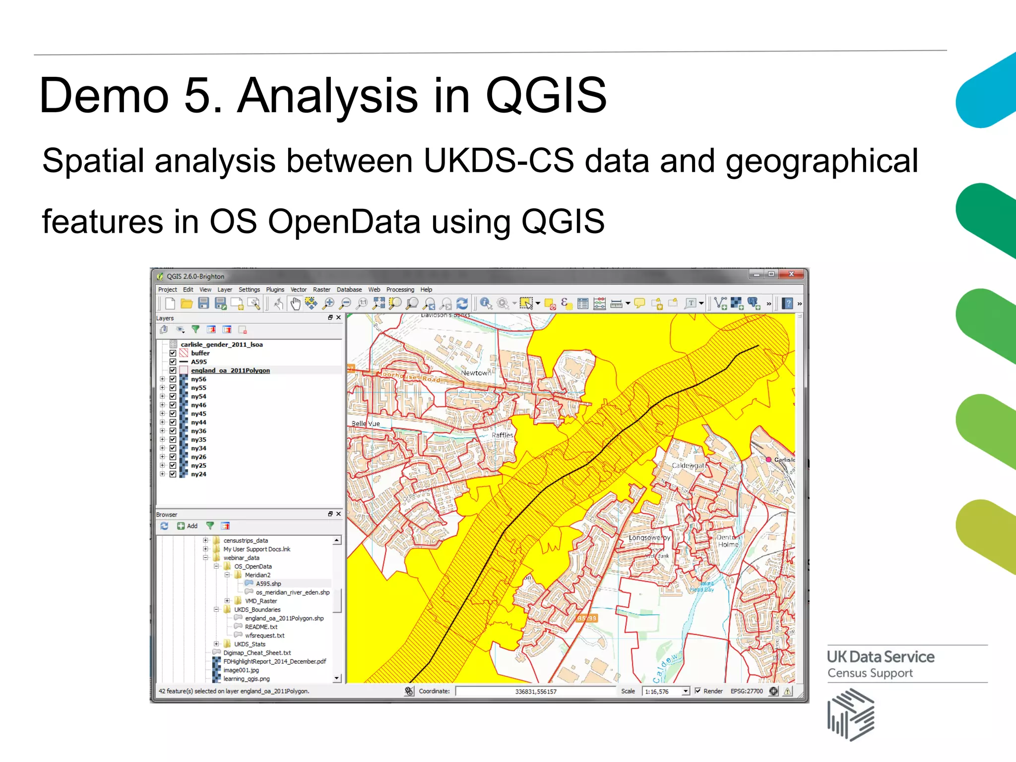 Demo 5. Analysis in QGIS
Spatial analysis between UKDS-CS data and geographical
features in OS OpenData using QGIS
 