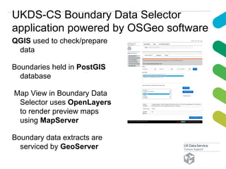 UKDS-CS Boundary Data Selector
application powered by OSGeo software
QGIS used to check/prepare
data
Boundaries held in PostGIS
database
Map View in Boundary Data
Selector uses OpenLayers
to render preview maps
using MapServer
Boundary data extracts are
serviced by GeoServer
 