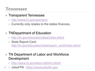 Tennessee 
 Transparent Tennessee 
 http://www.tn.gov/opengov/ 
 Currently only relates to the states finances. 
 TNDepartment of Education 
 http://tn.gov/education/data/index.shtml 
 State Report Card: 
http://tn.gov/education/data/report_card/index.shtml 
 TN Department of Labor and Workforce 
Development 
 http://www.tn.gov/labor-wfd/lmi.shtml 
 Jobs4TN: https://www.jobs4tn.gov 
 
