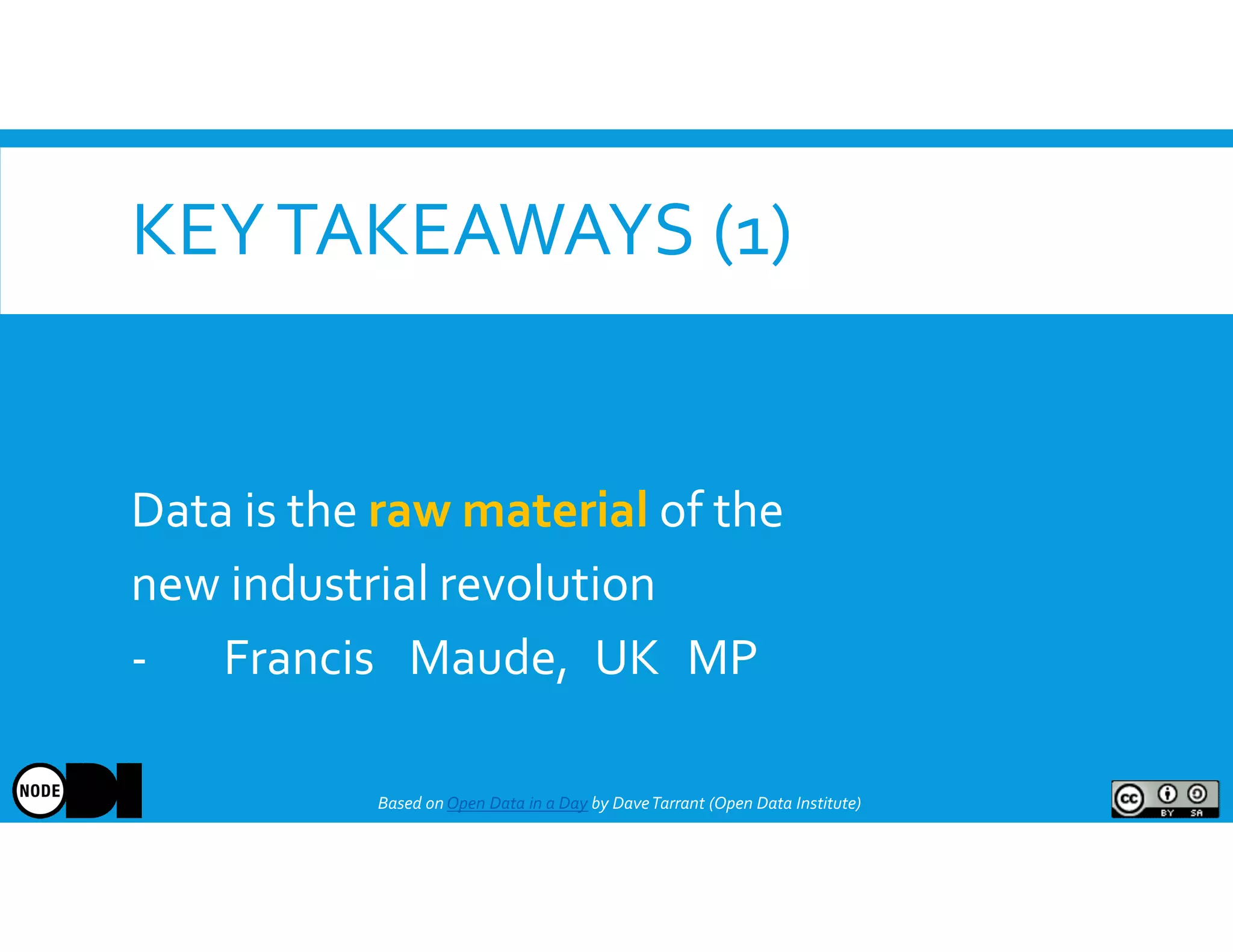 KEYTAKEAWAYS (1)
Data is the raw material of the
new industrial revolution
- Francis Maude, UK MP
Based onOpen Data in a Day by DaveTarrant (Open Data Institute)
 