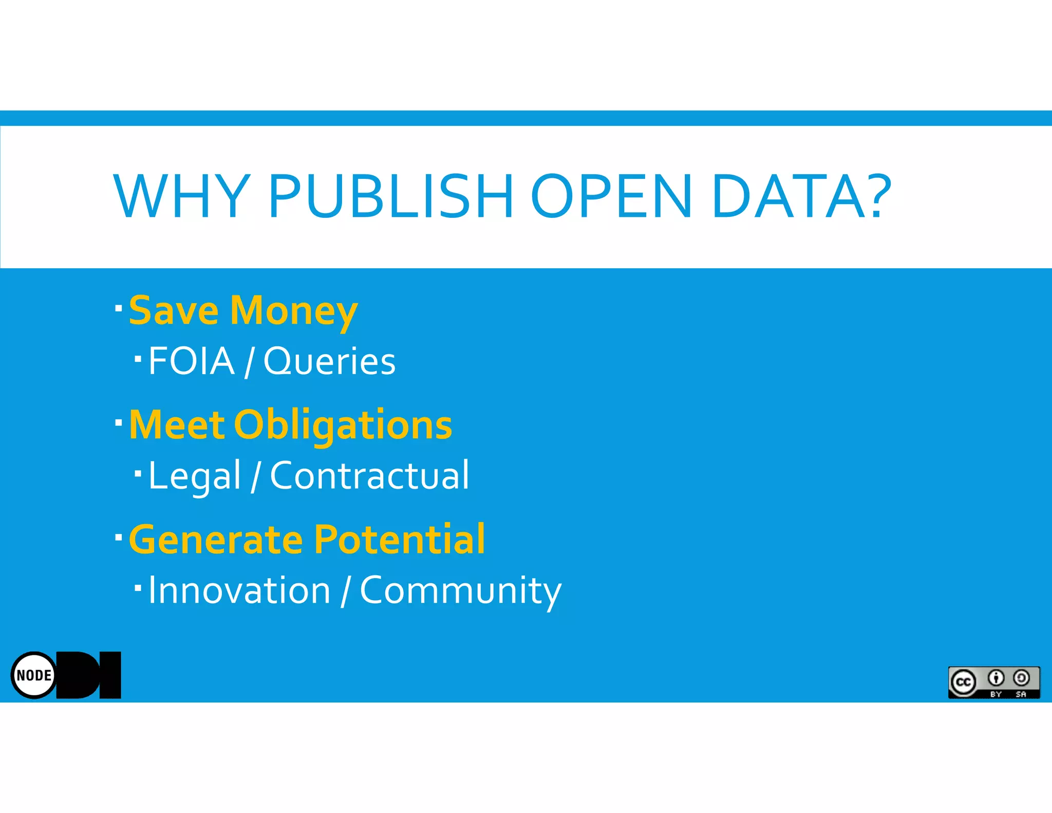 WHY PUBLISH OPEN DATA?
Save Money
FOIA / Queries
Meet Obligations
Legal / Contractual
Generate Potential
Innovation / Community
 