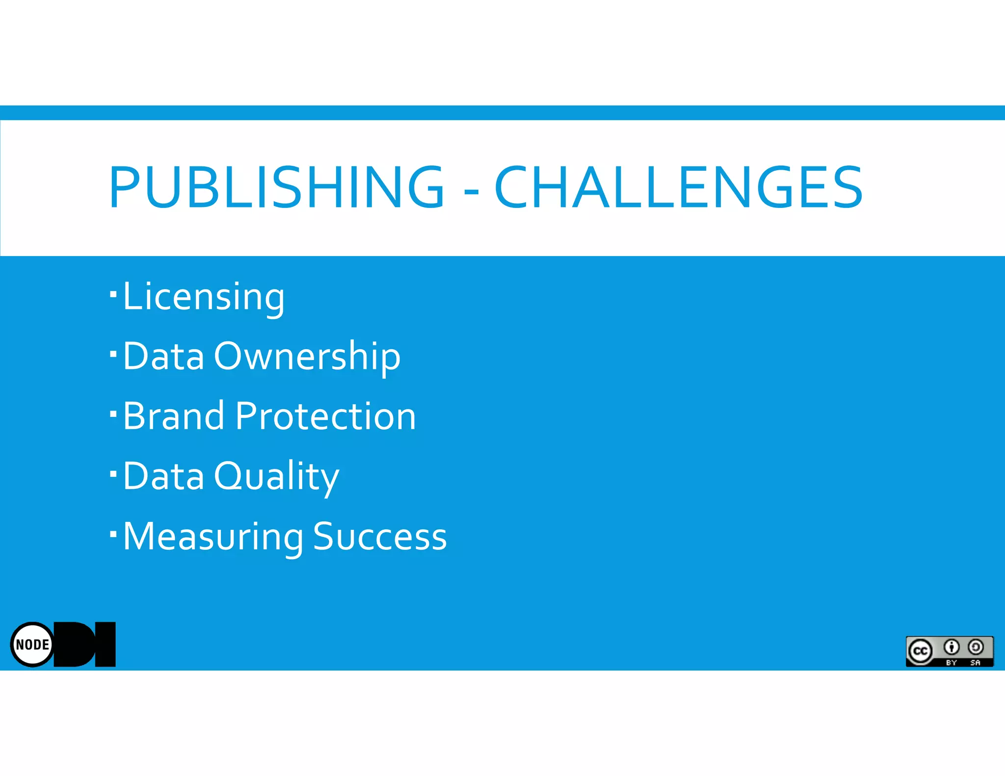 PUBLISHING - CHALLENGES
Licensing
Data Ownership
Brand Protection
Data Quality
Measuring Success
 