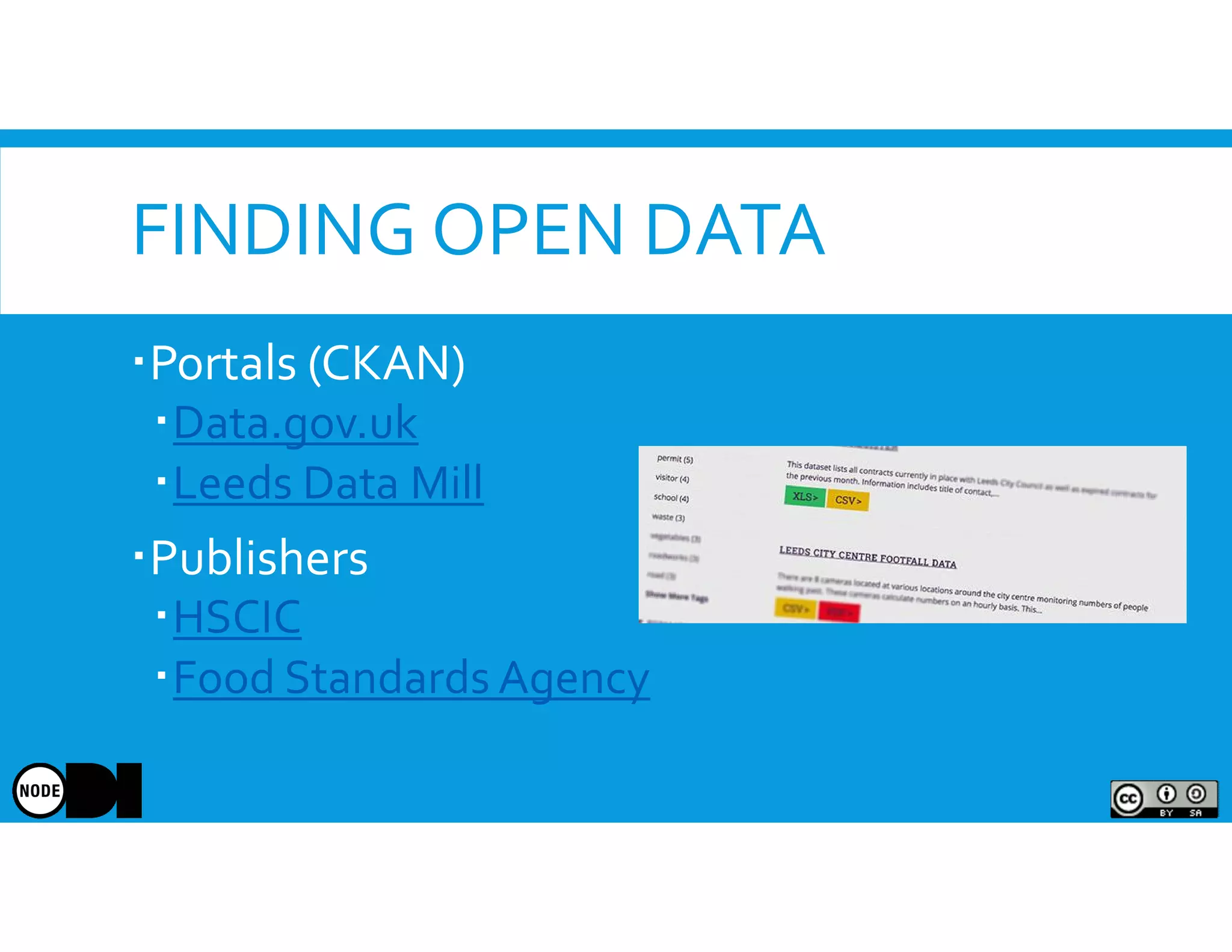 FINDING OPEN DATA
Portals (CKAN)
Data.gov.uk
Leeds Data Mill
Publishers
HSCIC
Food Standards Agency
 