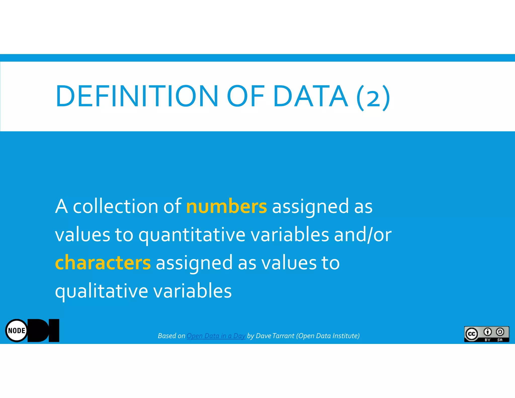 DEFINITION OF DATA (2)
A collection of numbers assigned as
values to quantitative variables and/or
characters assigned as values to
qualitative variables
Based onOpen Data in a Day by DaveTarrant (Open Data Institute)
 