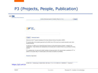 SNSF 5.3.2015 Research creates knowledge.
P3 (Projects, People, Publication)
https://p3.snf.ch
 
