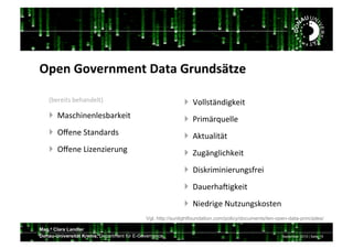 Mag.a Clara Landler
Donau-Universität Krems, Department für E-Governance. September 2013 | Seite 15
!"#$%?2@#/$3#$(%&'('%?/;$.-S(T#%
7'#&#$%C!'#40+)#(%:!
! !50C34$+#+(#C'0&E#$%!
!!!NU#+#!6%0+)0&)C!
!!!NU#+#!b$S#+S$#&*+,!
Vgl. http://sunlightfoundation.com/policy/documents/ten-open-data-principles/
!!!K/((C%Y+)$,E#$%!
! !.&$1Y&s*#((#!
! !9E%*0($%Y%!!
!!!d*,Y+,($34E#$%!
!!!G$CE&$1$+$#&*+,C[&#$!
!!!G0*#&40c$,E#$%!
!!!$#)&$,#!*%S*+,CE/C%#+!
!!
 