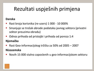 Rezultati uspješnih primjena
Danska
 Rast broja korisnika (re-users) 1 000 - 10 000%
 Smanjuje se trošak obrade podataka javnog sektora (privatni
   sektor preuzima obradu)
 Odnos prihoda od pristojbi i prihoda od poreza 1:4
Njemačka
 Rast Geo-informacijskog tržišta za 50% od 2005 – 2007
Nizozemska
 Novih 15 000 stalno zaposlenih u geo-informacijskom sektoru
 
