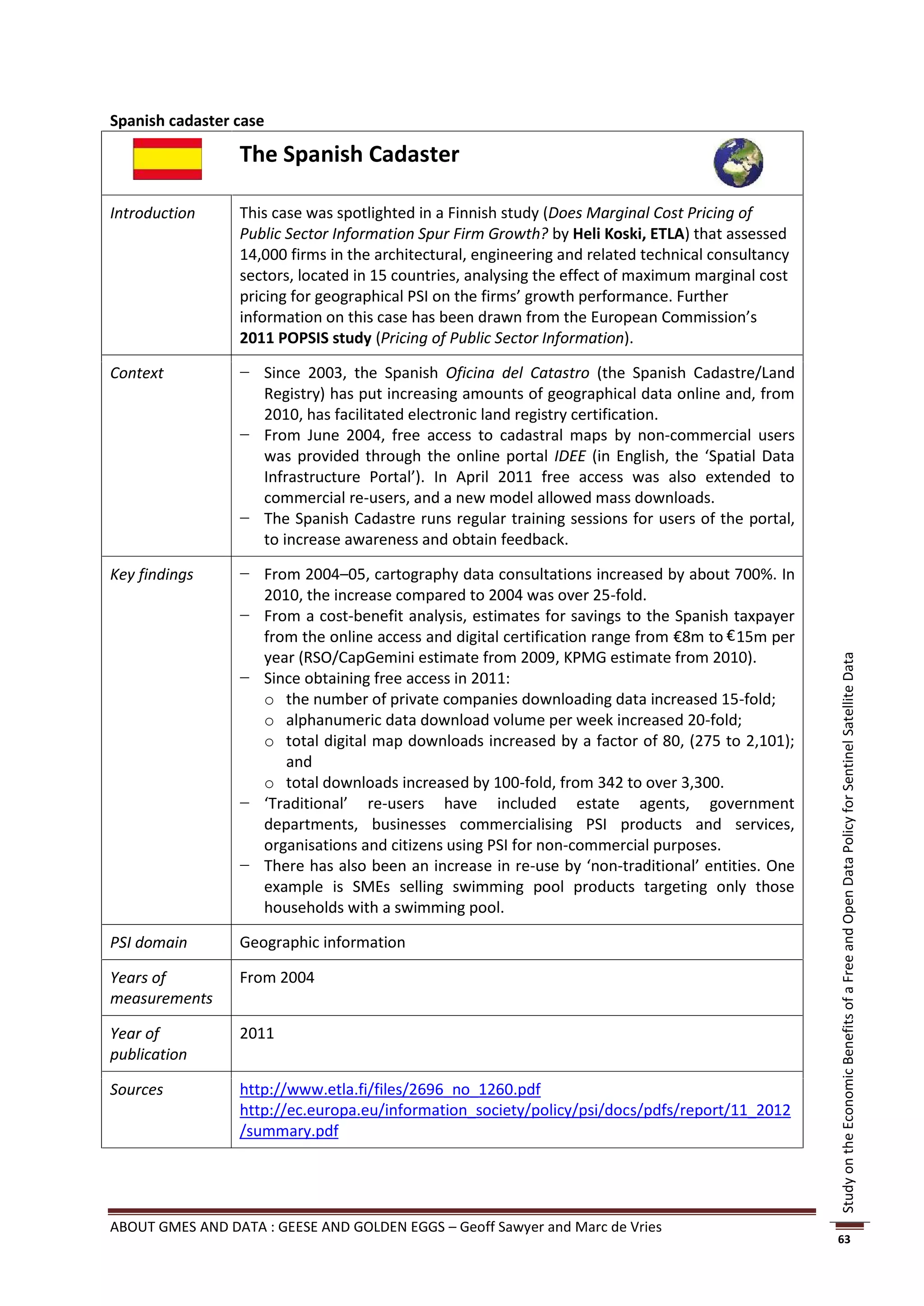 Spanish cadaster case

                 The Spanish Cadaster

Introduction     This case was spotlighted in a Finnish study (Does Marginal Cost Pricing of
                 Public Sector Information Spur Firm Growth? by Heli Koski, ETLA) that assessed
                 14,000 firms in the architectural, engineering and related technical consultancy
                 sectors, located in 15 countries, analysing the effect of maximum marginal cost
                 pricing for geographical PSI on the firms’ growth performance. Further
                 information on this case has been drawn from the European Commission’s
                 2011 POPSIS study (Pricing of Public Sector Information).

Context          − Since 2003, the Spanish Oficina del Catastro (the Spanish Cadastre/Land
                   Registry) has put increasing amounts of geographical data online and, from
                   2010, has facilitated electronic land registry certification.
                 − From June 2004, free access to cadastral maps by non-commercial users
                   was provided through the online portal IDEE (in English, the ‘Spatial Data
                   Infrastructure Portal’). In April 2011 free access was also extended to
                   commercial re-users, and a new model allowed mass downloads.
                 − The Spanish Cadastre runs regular training sessions for users of the portal,
                   to increase awareness and obtain feedback.

Key findings     − From 2004–05, cartography data consultations increased by about 700%. In
                   2010, the increase compared to 2004 was over 25-fold.
                 − From a cost-benefit analysis, estimates for savings to the Spanish taxpayer
                   from the online access and digital certification range from €8m to € 15m per
                   year (RSO/CapGemini estimate from 2009, KPMG estimate from 2010).




                                                                                                    Study on the Economic Benefits of a Free and Open Data Policy for Sentinel Satellite Data
                 − Since obtaining free access in 2011:
                   o the number of private companies downloading data increased 15-fold;
                   o alphanumeric data download volume per week increased 20-fold;
                   o total digital map downloads increased by a factor of 80, (275 to 2,101);
                      and
                   o total downloads increased by 100-fold, from 342 to over 3,300.
                 − ‘Traditional’ re-users have included estate agents, government
                   departments, businesses commercialising PSI products and services,
                   organisations and citizens using PSI for non-commercial purposes.
                 − There has also been an increase in re-use by ‘non-traditional’ entities. One
                   example is SMEs selling swimming pool products targeting only those
                   households with a swimming pool.

PSI domain       Geographic information

Years of         From 2004
measurements

Year of          2011
publication

Sources          http://www.etla.fi/files/2696_no_1260.pdf
                 http://ec.europa.eu/information_society/policy/psi/docs/pdfs/report/11_2012
                 /summary.pdf




ABOUT GMES AND DATA : GEESE AND GOLDEN EGGS – Geoff Sawyer and Marc de Vries
                                                                                                    63
 