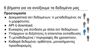 6 βήματα για να ανοίξουμε τα δεδομένα μας
Προετοιμασία
● Δοκιμαστικά σετ δεδομένων: τι μεταδεδομένα; σε
τι μορφότυπο;
● API ή download;
● Ευκαιρίες για σύνδεση με άλλα σετ δεδομένων.
● Υπάρχουν οι δεξιότητες ή απαιτείται εκπαίδευση;
● Τι μεταδεδομένα / περιγραφές θα χρειαστούν;
● Καθαρά δεδομένα: ορθότητα, μονοσήμαντος
προσδιορισμός
 