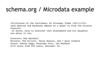 schema.org / Microdata example
<h1>Pirates of the Carribean: On Stranger Tides (2011)</h1>	

Jack Sparrow and Barbossa embark on a quest to find the elusive
fountain	

of youth, only to discover that Blackbeard and his daughter
are after it too.	

!
Director: Rob Marshall	

Writers: Ted Elliott, Terry Rossio, and 7 more credits	

Stars: Johnny Depp, Penelope Cruz, Ian McShane	

8/10 stars from 200 users. Reviews: 50.
 