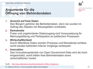Dr. Matthias Stürmer, Forschungsstelle Digitale Nachhaltigkeit
Open Data und Datenvisualisierung
10
Argumente für die
Öffnung von Behördendaten
1. Anrecht auf freie Daten
Den Bürgern gehören die Behördendaten, denn sie wurden im
Auftrag des Staates mit Steuergeldern erarbeitet.
2. Demokratie
Freier und ungehinderter Datenzugang sind Voraussetzung für
Meinungsbildung und Partizipation an politischen Prozessen.
3. Wirtschaftlichkeit
Durch öffentliche Daten werden Prozesse und Missstände sichtbar,
somit werden behörden-interne Vorgänge verbessert.
4. Innovation
Das Innovationspotential von Open Government Data wird als hoch
eingeschätzt, somit bilden freie Behördendaten einen
wirtschaftlichen Vorteil.
Quelle: http://www.collaboratory.de/w/Abschlussbericht_Offene_Staatskunst
 