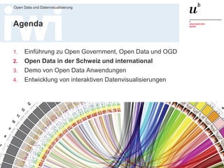 Dr. Matthias Stürmer, Forschungsstelle Digitale Nachhaltigkeit
Open Data und Datenvisualisierung
17
Agenda
1. Einführung zu Open Government, Open Data und OGD
2. Open Data in der Schweiz und international
3. Demo von Open Data Anwendungen
4. Entwicklung von interaktiven Datenvisualisierungen
 