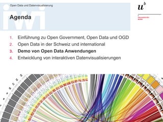 Dr. Matthias Stürmer, Forschungsstelle Digitale Nachhaltigkeit
Open Data und Datenvisualisierung
38
Agenda
1. Einführung zu Open Government, Open Data und OGD
2. Open Data in der Schweiz und international
3. Demo von Open Data Anwendungen
4. Entwicklung von interaktiven Datenvisualisierungen
 