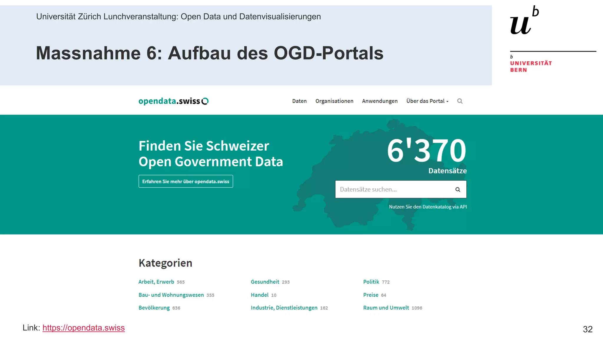 Universität Zürich Lunchveranstaltung: Open Data und Datenvisualisierungen
3228. November 2018 – Forschungsstelle Digitale Nachhaltigkeit
Massnahme 6: Aufbau des OGD-Portals
Link: https://opendata.swiss
 