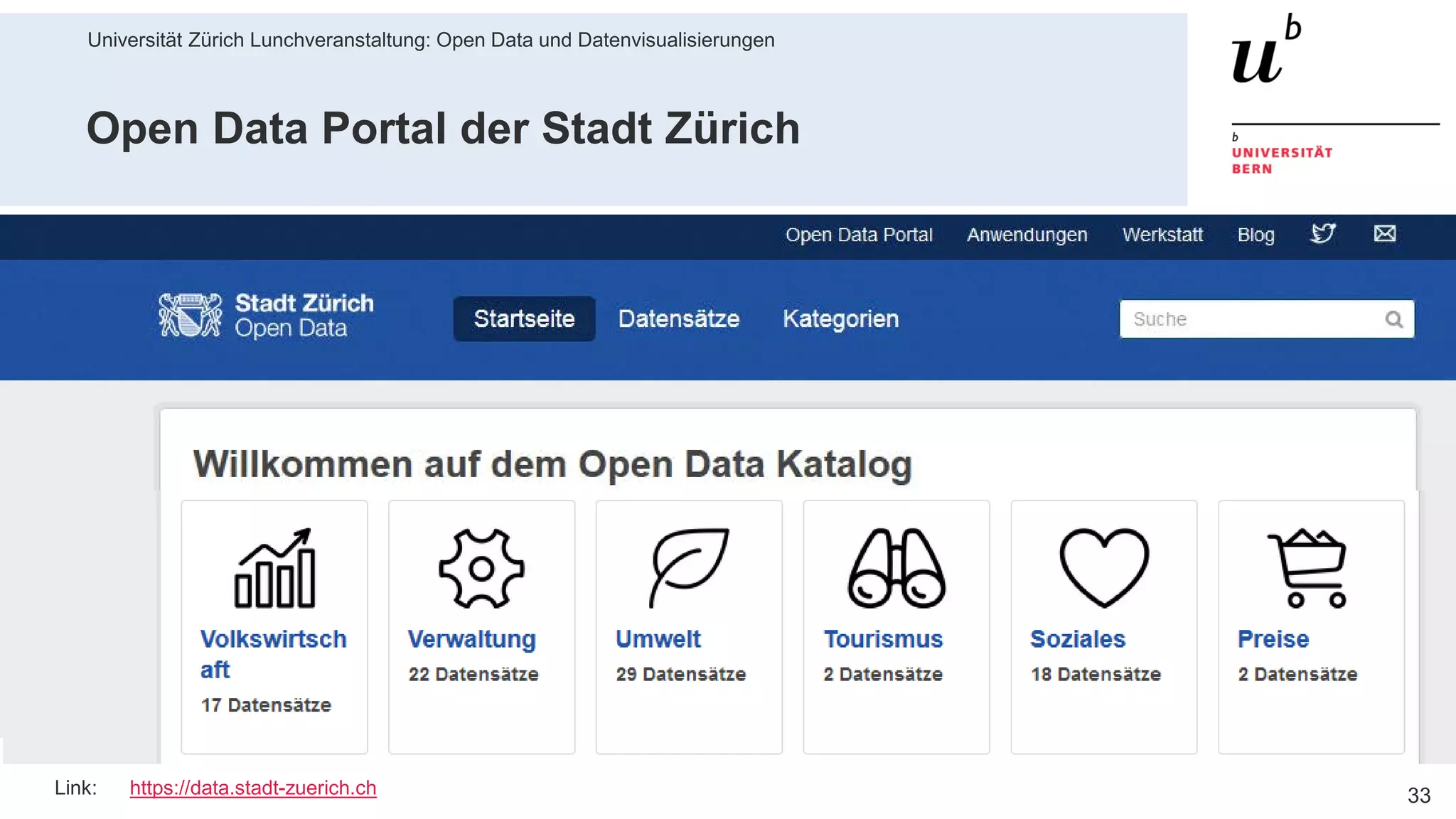 Universität Zürich Lunchveranstaltung: Open Data und Datenvisualisierungen
3328. November 2018 – Forschungsstelle Digitale Nachhaltigkeit
Open Data Portal der Stadt Zürich
Link: https://data.stadt-zuerich.ch
 