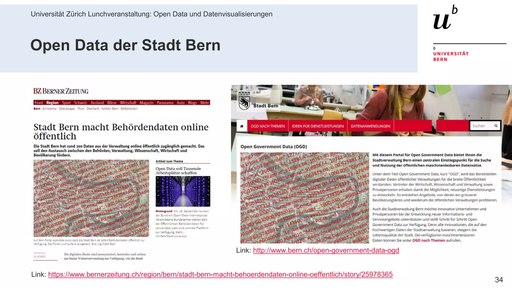 Universität Zürich Lunchveranstaltung: Open Data und Datenvisualisierungen
3428. November 2018 – Forschungsstelle Digitale Nachhaltigkeit
Open Data der Stadt Bern
Link: https://www.bernerzeitung.ch/region/bern/stadt-bern-macht-behoerdendaten-online-oeffentlich/story/25978365
Link: http://www.bern.ch/open-government-data-ogd
 